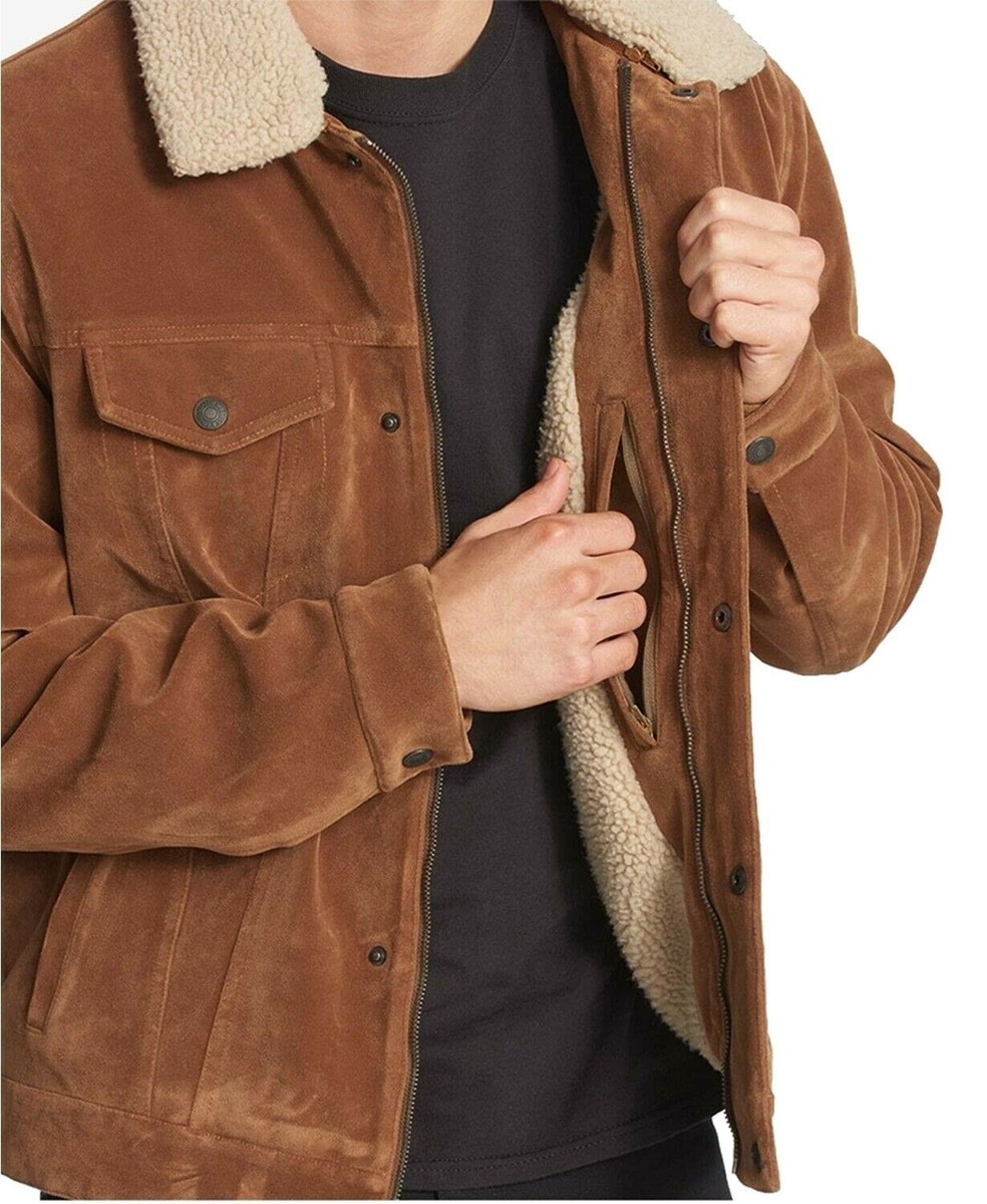 Levi's Men's Leather Sherpa Trucker Jacket, Cognac Faux Suede