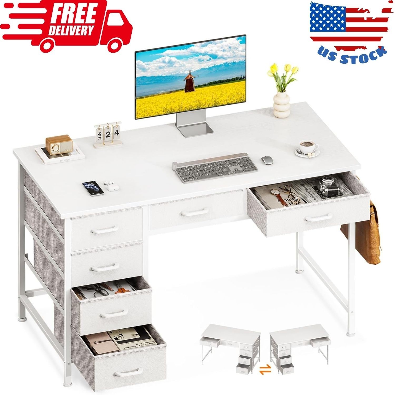 Computer Desk with 6 Drawers, 40 Inch Small Desk with Storage, Reversible Desk w-image