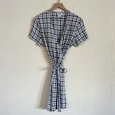 Vintage Sostanza Gingham Plaid Short Sleeve Wrap Mini Dress Large Blue White 90s