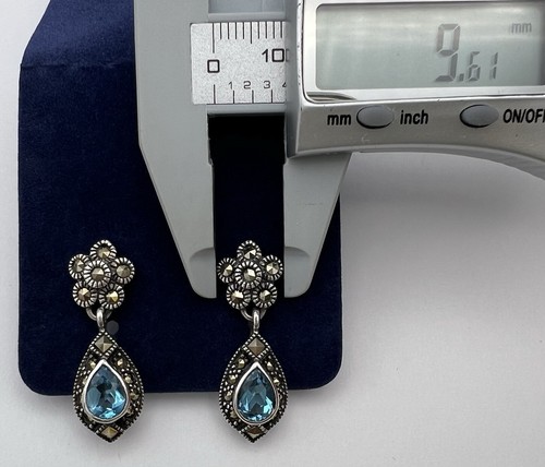 Sterling Silver Marcasite Flower Blue Topaz Dangle Teardrop Earrings - Picture 4 of 6