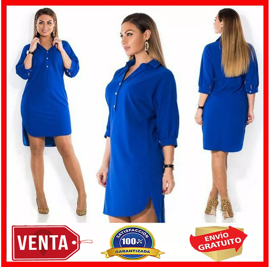 Vestido de Mujer Moda Camisa Larga Cuello Tallas Grandes Rojo Azul Negro Verde