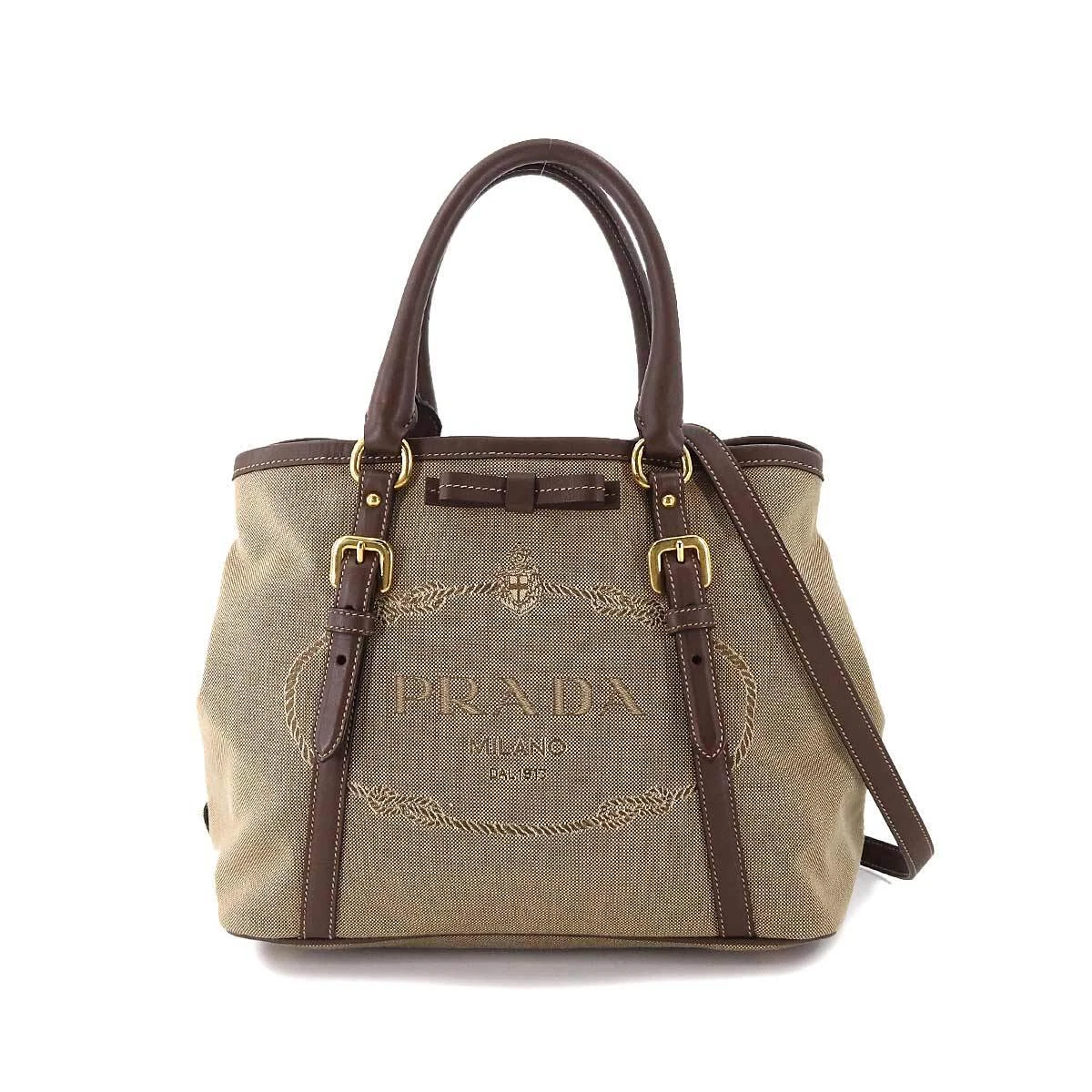 PRADA Logo Jacquard 2way Tote Bag Canvas Leather Beige Brown BN1841 90175469