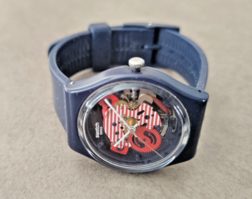 Unisex Swatch Black & Red Dial Skeleton Quartz Swiss Made Watch - Afbeelding 1 van 4