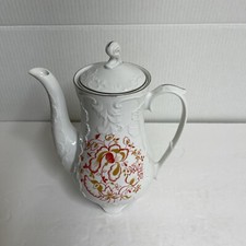 Vintage Rare Cmielow Poland White Coffee Tea Pot Flower pattern Gold Trim