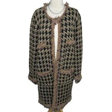 Davi + Dani 2X trendy black tan gold long fringe trim long sweater coat