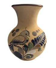 Tonala Mexican Vase Folk Art Pottery Sandstone Floral Bird Signed 5”
