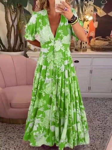 Damen Sommer-Strandkleid Boho-Blumen Lässig V-Ausschnitt Maxikleid A-Linien- æ - Bild 8 von 17