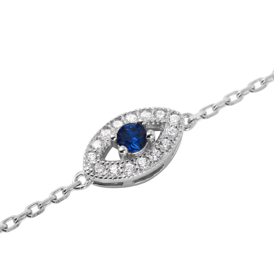 925 Sterling Silver Round Evil Eye Chain Bracelet simulated diamond/tanzanite - Image 3 of 3