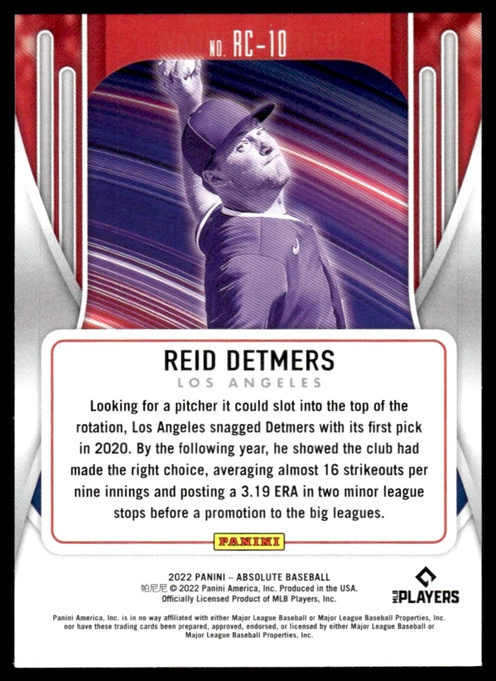 2022 Panini Absolute Rookie Class Reid Detmers Los Angeles Angels #RC-10 - Image 2 of 2