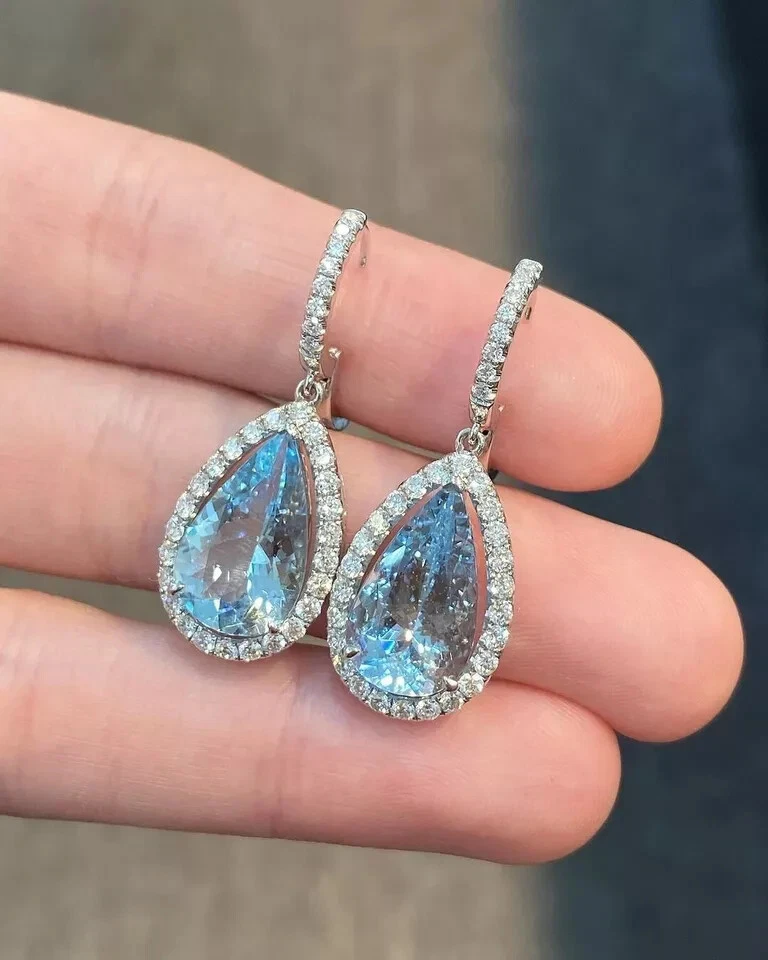 Pendiente de diamantes aguamarina natural corte pera de 7,30 quilates oro blanco macizo de 14 quilates Foto 3 de 4