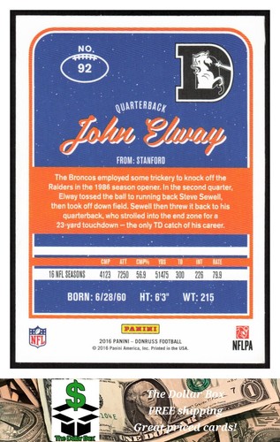 2016 Donruss #92 John Elway - Denver Broncos - Picture 2 of 2