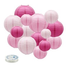 Pink Round Chinese Paper Lanterns Decorative, 15pcs Hanging Paper Lanterns fo...