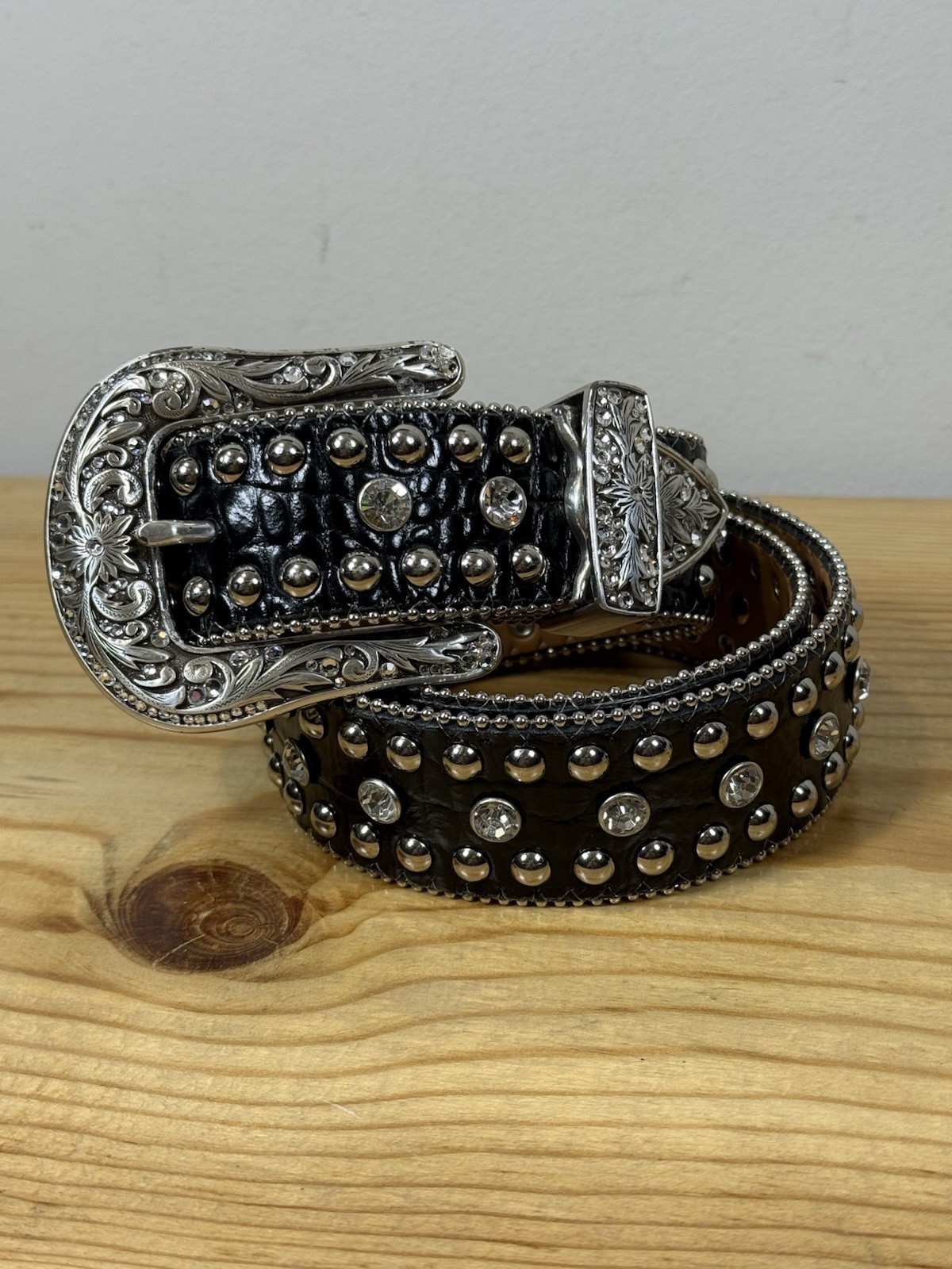 Nocona Western Belt Women's Leather Croc Rhinestone -Silver Studs -Ornate Buckle