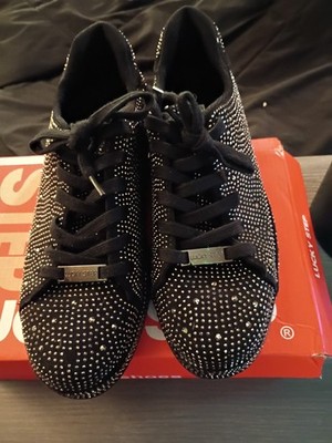 Lucky Step  Black Rhinestone Lace Up Sneakers Silver Accents