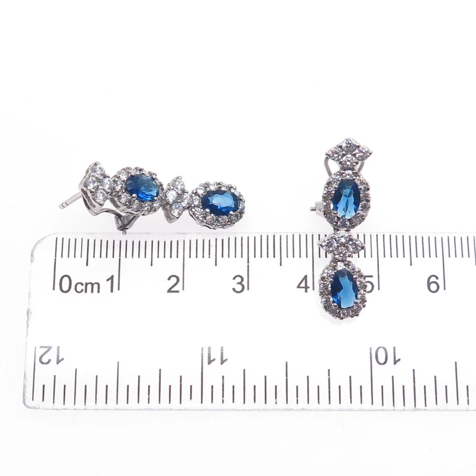 925 Sterling Silver Blue & White C Z Dangle Omega Back Earrings - Image 3 of 4
