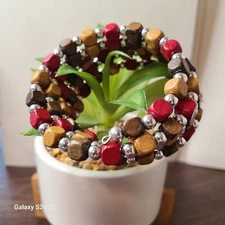 Boho Chic Wood Cube Bead Stretch Bracelet Red Brown Yellow Silver Tone