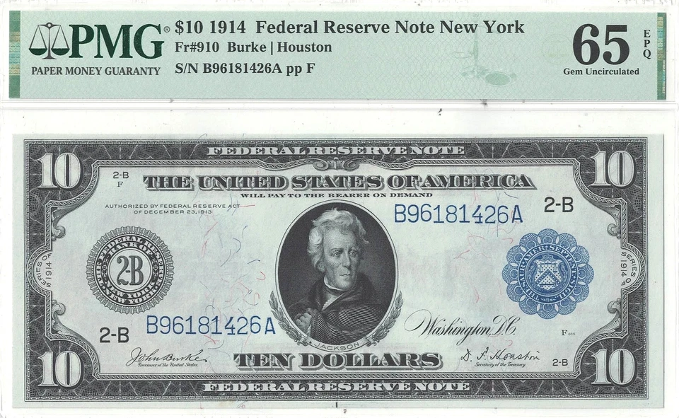 1914 $10 Federal Reserve Note Fr-910 PMG Gem CU-65 EPQ - Image 2 of 3