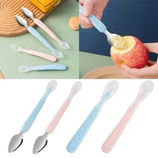 Baby Food Feeding Spoon Set – Stainless Steel Scraping & Soft Silicone Spoon for