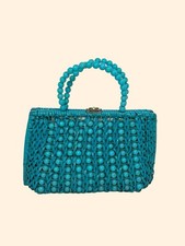 1960s Vintage Turquoise Wicker Handbag Beaded Handle Mid Century Purse