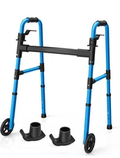 Folding Walker with 2 Skis and 5" Wheels Adjustable Height Blue