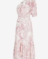 Express Women M Printed One Shoulder Puff Sleeve Ruffle Hem Midi Dress Rayon