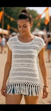 C Wonder Soft White Crochet Macrame Fringe Boho Coachella Top XS Knit Tassel NWT