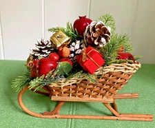 Christmas Wicker Sleigh Basket Vintage Decorated Centerpiece 9x7 inches