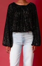 Anthropologie Endless Rose Black Sequin Blouson  Party/cocktail Top Size Small