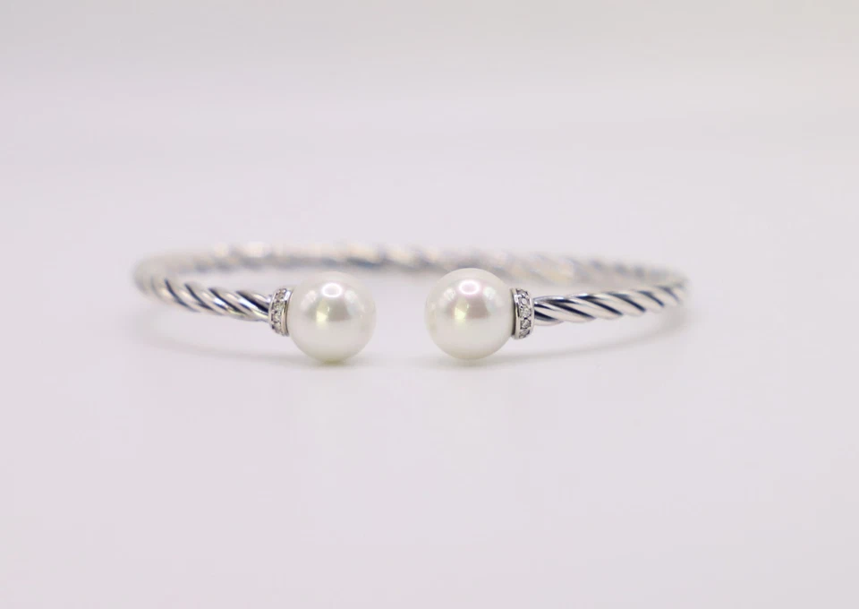 David Yurman Sterling Silver 3.5mm Solari Bracelet 9mm Pearl & Diamonds size M - Image 3 of 4