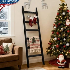 Pine Wood Blanket Ladder W/ Hooks Multiuse Display Holder Cozy Home Decor 