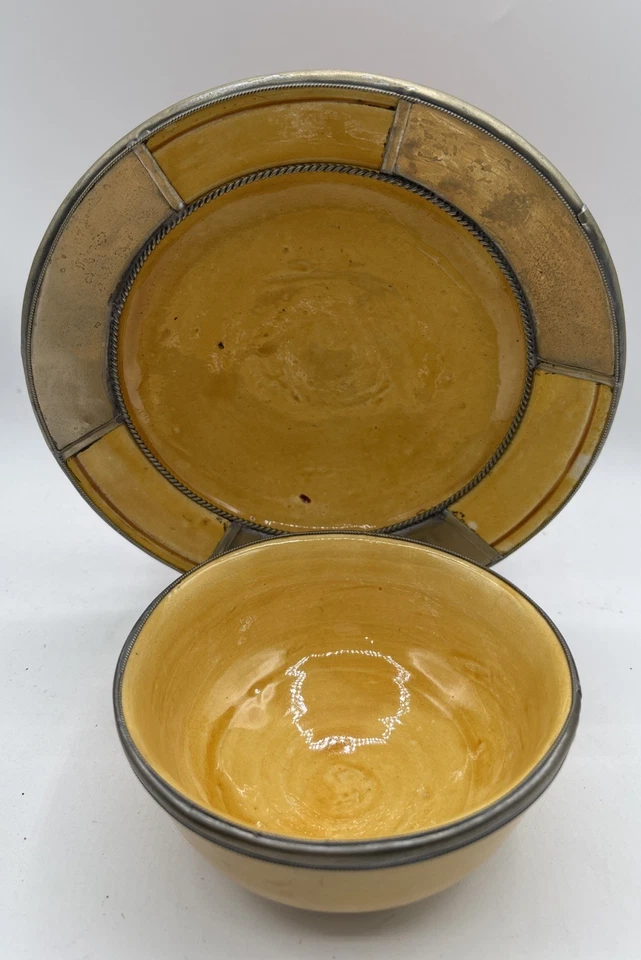 "Juego de 2 cuencos de cerámica marroquí vintage amarillos con borde plateado de 8"" y 5"" de ancho" Foto 3 de 4