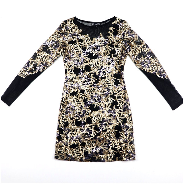 Size 8 Back Gold Sequins Lace Mini Bodycon Party Dress Long Sleeve Side Zip