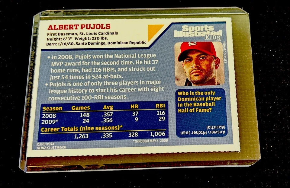 ALBERT PUJOLS Rare 2009 SI For Kids Card MLB Cardinals Sports Illustrated NM+ - Image 2 of 2