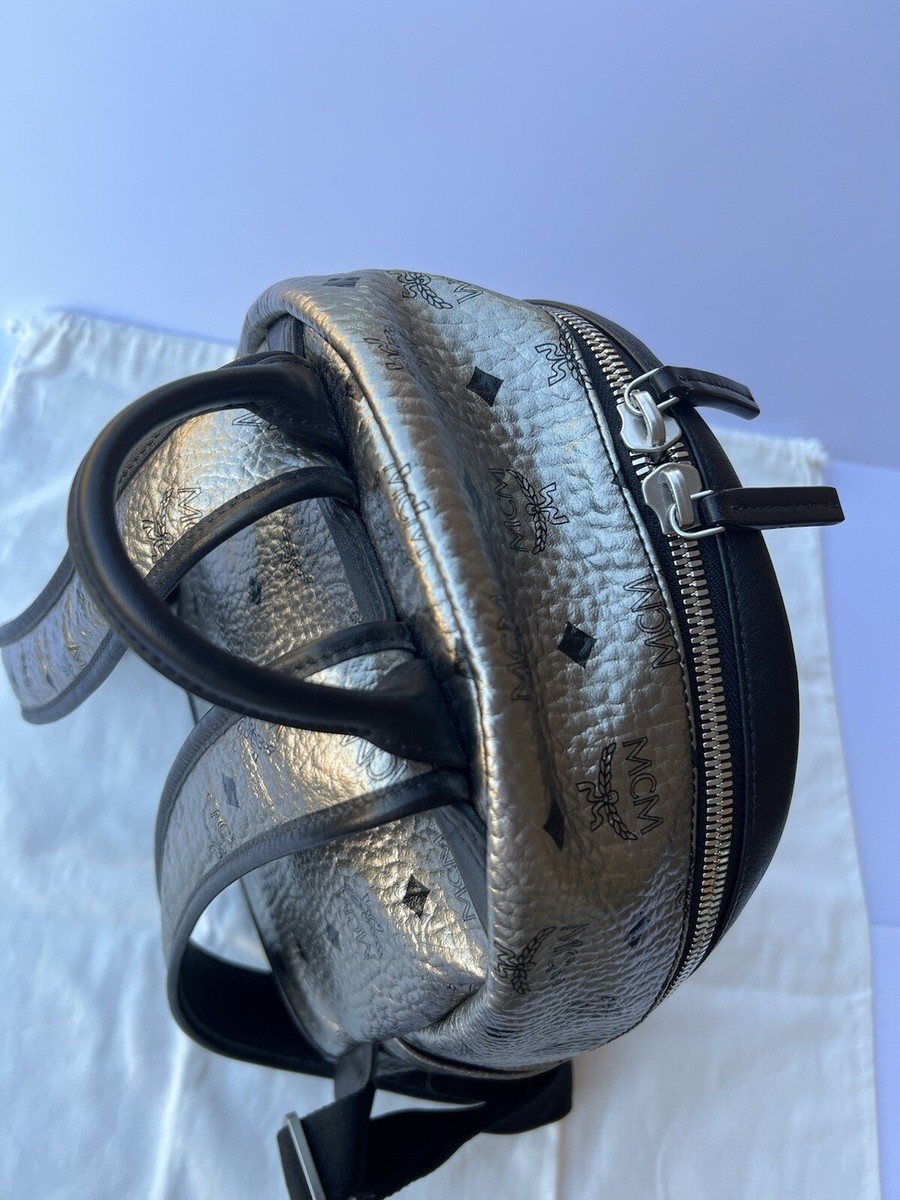 MCM Metallic Silver Monogram Visetos Studded Small Stark Backpack