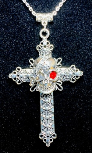 Large Gothic Cross with Red/Black Eyed Skull Necklace ~ £8.95 ~ FREE UK Post - Picture 4 of 11