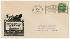 Canada SG#389-COIL STAMP-WWII PATRIOTIC-SINKING SHIP-...SAVE THEM!_(black