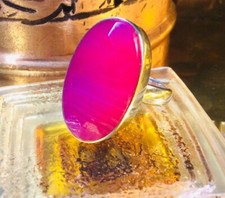 Genuine 925 Sterling Silver Boho Oversized Pink Striped Agate Gemstone Size 6.75