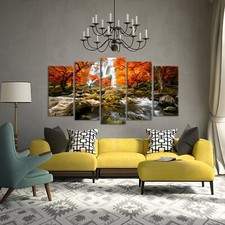 Kreative Arts - Stampa GicléE Su Tela Moderna Con Cascate Della Foresta Autunnale, 5 Pezzi, Opera D'arte Su Tela, Dipinti Su Tela, Da Parete Per Soggiorno (Grandi Dimensioni 152,4 X 81,3 Cm) - 2