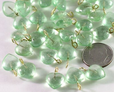 Charm, Heart, 100 Transparent Peridot Green Glass 10mm  Drop  with Brass Loop *