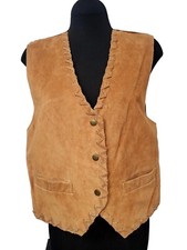Vintage Koret Women’s Tan 100% Leather Western Vest Size M 3 Button Tie In Back