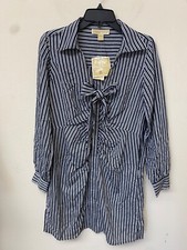 Michael Kors Women's Zippered  Midnight Blue Striped Tie Front Dress Size 8 NWT