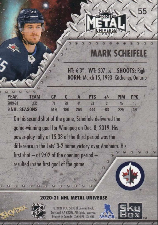 2020-21 Skybox Metal Universe Hockey Mark Scheifele Winnipeg Jets #55 - Image 2 of 2