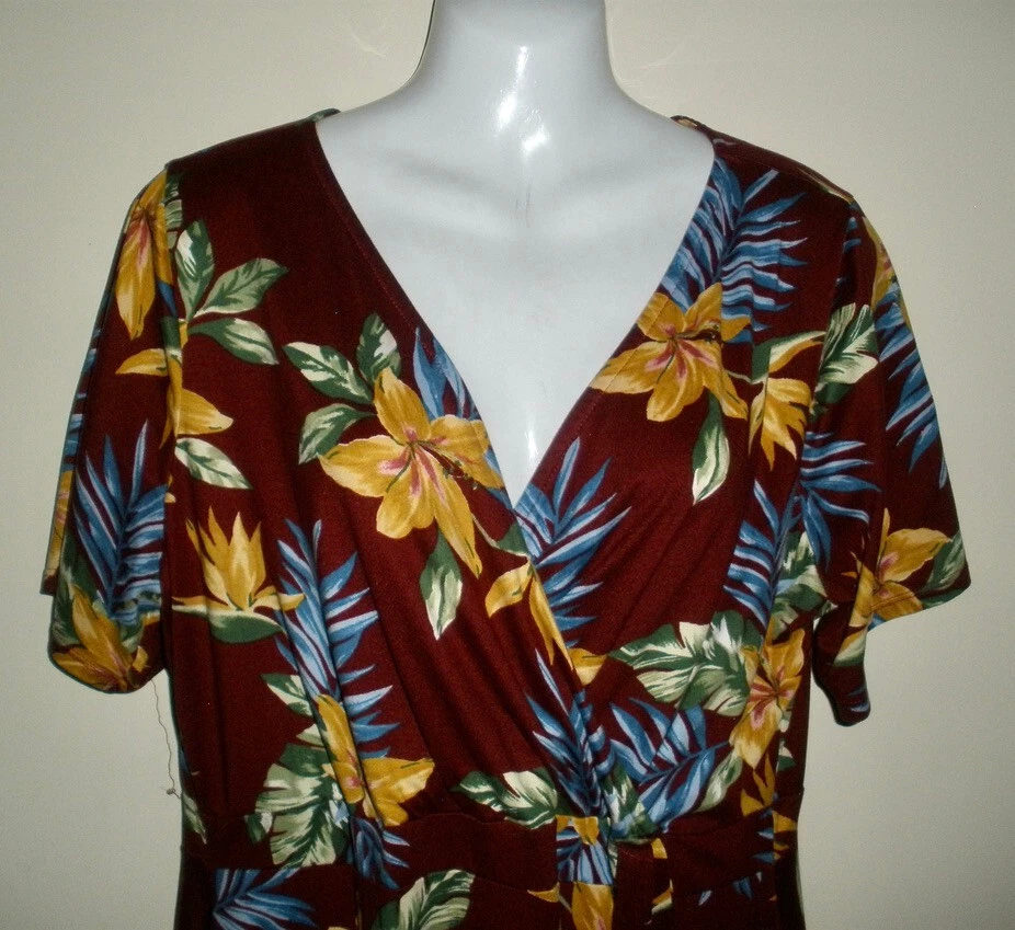 VETEMENTS #302 Abito Curvy Sense Plus 2X 22 24 Borgogna Marrone Floreale Gigli Elasticizzato USA