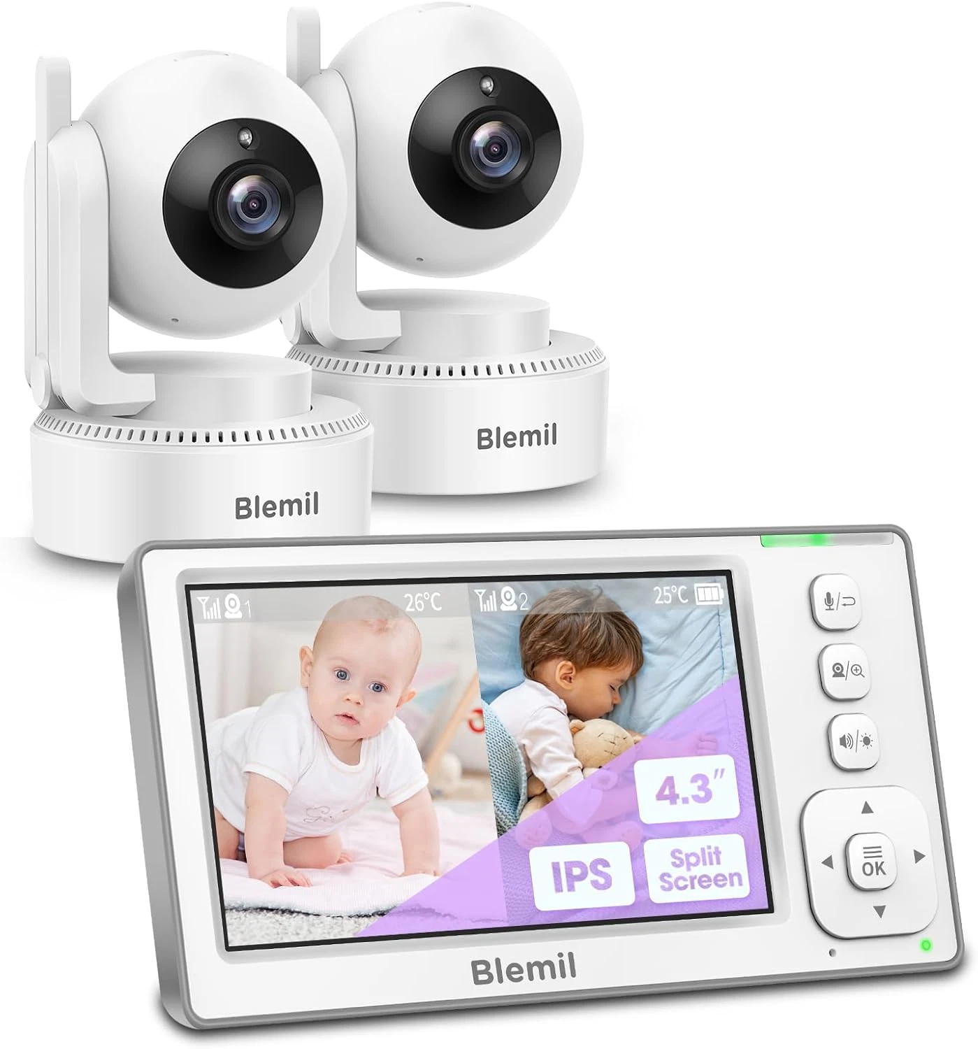 Dual Camera Baby Monitor with 4.3'' Split-Screen, 29-Hour Battery Life