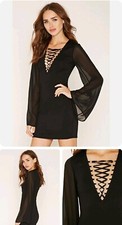 Forever 21 Black Bell Sleeve Lace-up Bodycon Dress Small S