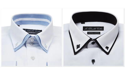 HERREN FORMELLES HEMD ELEGANT WEISS & BLAU KARIERT DOPPELKRAGEN LANGARM
