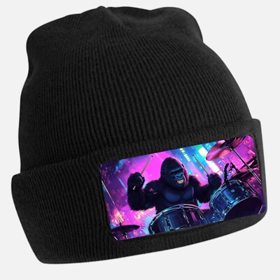 Black Cool Gorilla Print Beanie Hat - Unisex Cap, Cotton