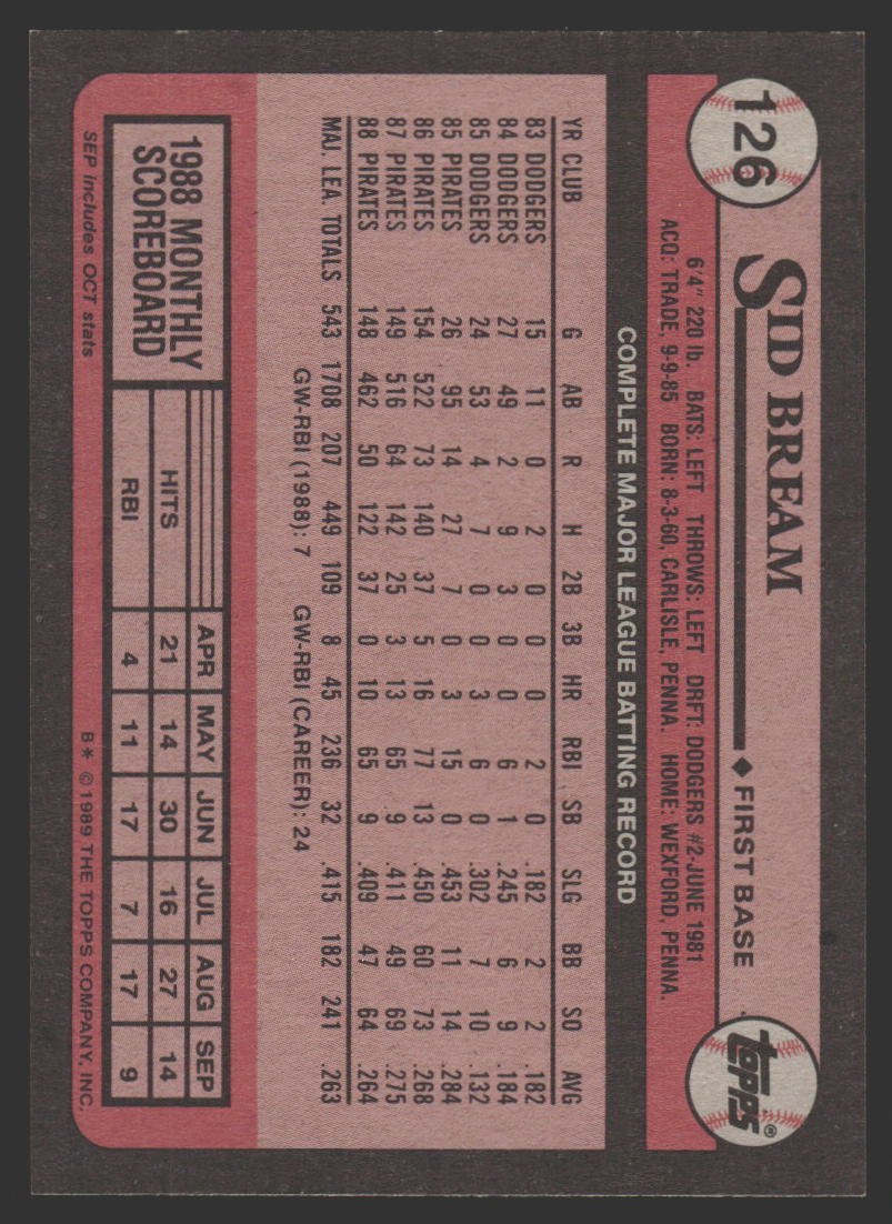 Sid Bream #126 1989 Topps Pittsburgh Pirates