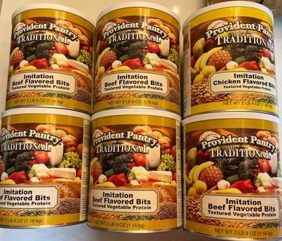 6 Provident Pantry Freeze Dried Vegan Imiti (1)Chicken/(5)Beef Flavor Bit #10 B1