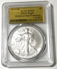 2012(S) Silver Eagle Struck at San Francisco PCGS MS69 Gold Leaf Label 1 of 2012